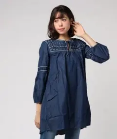 新品タグ【キューブシュガー】シャンブレー刺繍 デニム チュニック 綿 エスニック