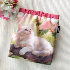 在庫確認お願いします！　582．バネポーチ　ねむの木と猫　ピンク