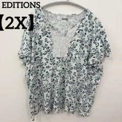 EDITIONS 【2X】花柄 Vネック Tシャツ 半袖　レース　夏服