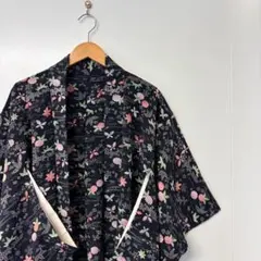 【一品物】花柄 黒 羽織 総柄 和柄 レトロ ヴィンテージ 奇抜 派手