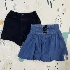 【2点セット】デニムスカート風ハーフパンツ 黒ハーフパンツ 140