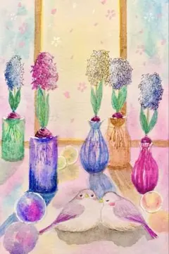 momorin様専用水彩画 窓際のヒヤシンス　値段は※900円です