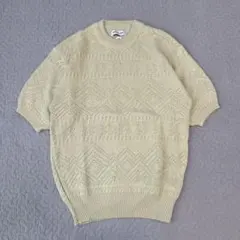 透かし編みニット 半袖 アイボリー M コットン混 古着　春服　サマーニット