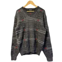 古着 柄ニット セーター Vネック グレー メンズ L