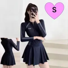 水着 S フィットネス ワンピース 長袖 体型カバー 黒 スポーティ プール