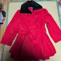 【極美品】5L 赤ミドル丈コート 黒ファー風襟 フレア ウエストリボン付き