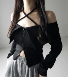 クロスストラップリボンオフショルスウェットライクトップス