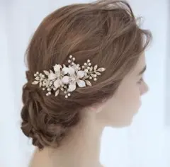 ウェディング　結婚式　ヘッドドレス　お花ヘアアクセサリー　ゴールドF