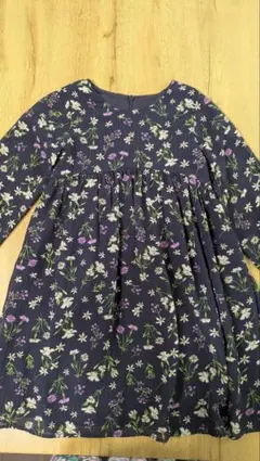 BeBe120花柄コットン長袖ワンピース ネイビー