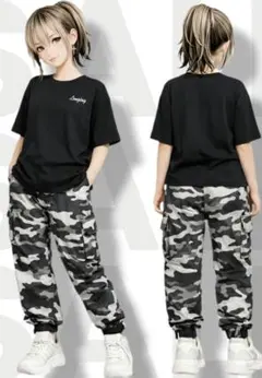 キッズ パンツ 150 ウエストゴム クロップド丈 迷彩‪ カモフラ