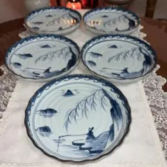 有田焼 白川谷 華山 手描き 山水画 中皿 5枚セット 未使用