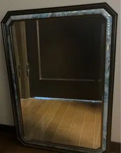 大型 木製 壁掛けミラー 65×70 無垢材 額縁 昭和レトロ 鏡 