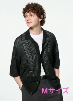 GUウォッシャブルメッシュニットシャツ【5分丈⠀】 ブラック　Mサイズ