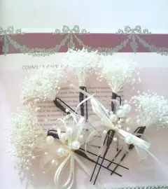 かすみ草とパールリボンホワイトの髪飾り7点セット