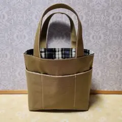 ハンドメイドブラウンカーキデニムミニトートバッグ チェック柄