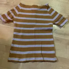 LOWRYS FARM 半袖リブ編みTシャツ ブラウンストライプ