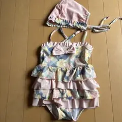 フリル付き花柄水着　帽子　セット　100-110