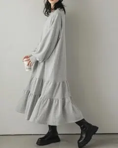 春仕様！！薄手スウェットワンピース グレー ティアード ロング 大人カジュアル