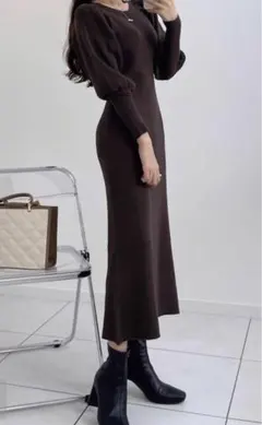 GRL ボリュームスリーブリブニットフレアワンピース[rut876]