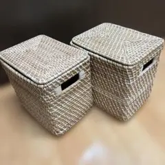 ラタン製 フタ付きバスケット 2個セットのサムネイル