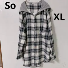 So【XL】レディース トップス フード付き チェック シャツ 長袖 薄手