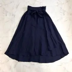 アナイ　ウエストリボン フレア ロングラップスカート ネイビー　リネン混のサムネイル