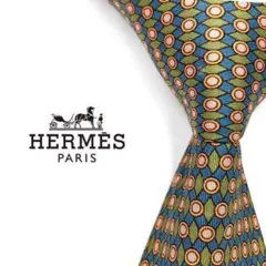 ◆良品◆HERMES エルメス ネクタイ 黄緑色 幾何学模様 カジュアル