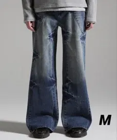 GRANCY】シームデザインワイドストレートデニムパンツ ブルー Sサイズ 