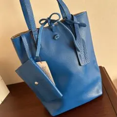 新品　イタリアンカーフレザー　バッグ　ポーチ付き ブルー
