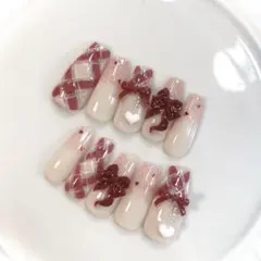 89♡ ネイルチップ ワンホン スナ系 フレンチガーリー バレンタイン リボン