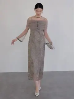 チュールオフショルダー花柄Iラインワンピースドレス結婚式二次会パーティー成人式のサムネイル