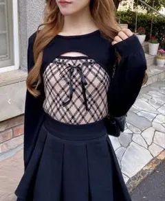 【INGNI】チェック柄デコルテオープンニット ボレロ