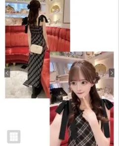 チェック柄ショルダーリボンワンピース