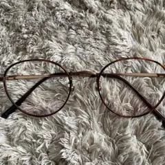 ブラウンオーバルフレームメガネ 度なし チークカラーピンク