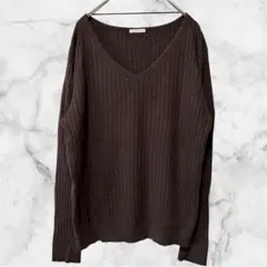 【GUジーユー】ワイドリブVネックセーター ダークブラウン薄手XL