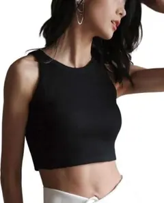 黒⭐️ショート丈 へそ出し ノースリーブ タンクトップ デコルテ カットソー
