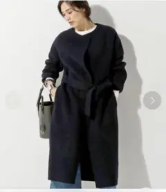 UNITED ARROWS リバー ノーカラー ローブ コート ネイビー 36