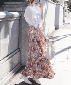 MIIA フラワープリント切替フレアスカート