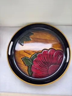 お盆 朱色 彫刻花模様 漆器 盆 直径36.5cm 高島屋購入品 昭和レトロ