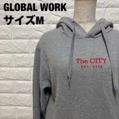 GLOBAL WORK グレー プルオーバーパーカー M 刺繍ロゴ【3181】