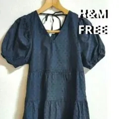 H&M Vネック ミニ丈 ワンピース チュニック ブラック リボン 刺繍FREE