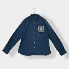ピンクポンク ノルディック柄 胸ポケット 長袖 シャツ ネイビー M