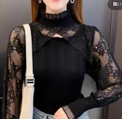 フリル花柄レースブラウスフリル肌見せハイネック 長袖 黒 ブラック コーデ 韓国