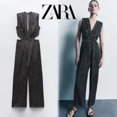 ZARA ドット柄ジャンプスーツ ブラック/ホワイト XS カットアウト