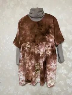 482.手染めのチュニック、ぶっかけ染め　ワンピース　ゆったり　ギャザー