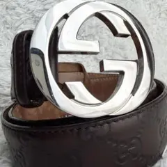 【美品】GUCCI ベルト インターロッキング GG デカロゴ ブラウン