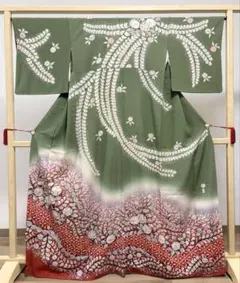 E 美品 桐屋 翠山工房 辻ヶ花 絞り 緑×赤 縮緬 正絹 袷 訪問着 着物