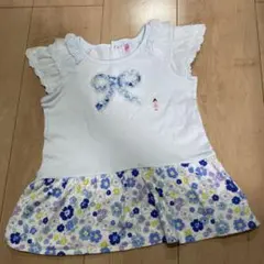 100cm ミキハウス　リーナちゃん　フリル　レース　花柄　水色　トップス　美品