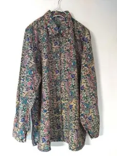 【美品】黒カラフル花柄唐草ペイズリー植物模様レトロヴィンテージ風シャツチュニック