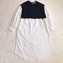 ショコラフィネローブ　ドッキングシャツワンピース　長袖　Ｌ　ネイビー　綿素材